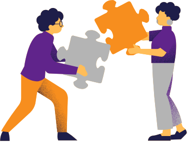 Two people holding puzzle pieces trying to fit them together
